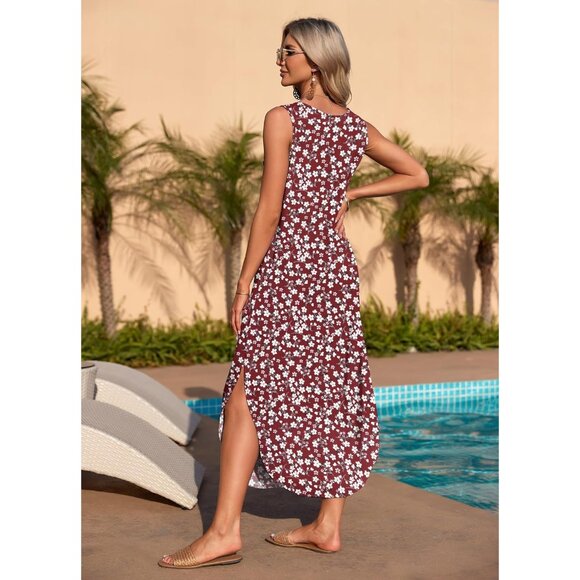 🆕 Women Red Summer Maxi Dress Sleeveless Casual Loose Long Beach Split Pocket - Picture 4 of 5